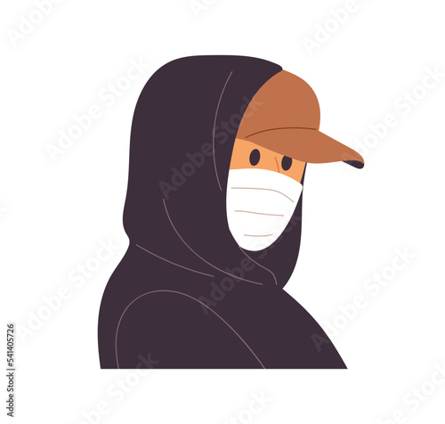 Anonymous person wearing medical mask, cap, hood. Incognito hiding face. Secret suspicious man portrait. Unrecognized unidentified human. Flat vector illustration isolated on white background