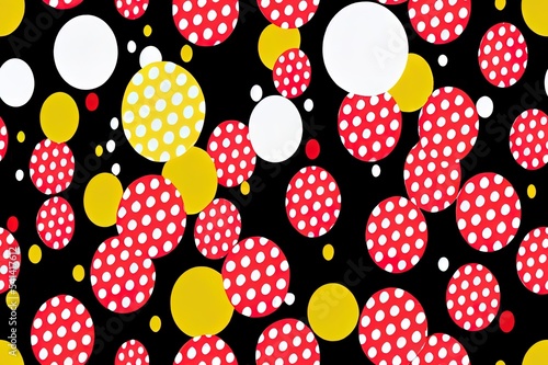 Yellow, Red, Black and White Polka Dots, Stars and Stripes 2d illustrated Seamless Patterns. Kids Party Backgrounds. Children Birthday Invitation Backdrops. Repeating Pattern Tile Swatches Included.