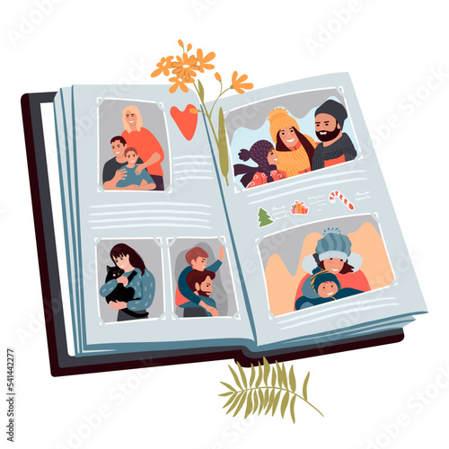 Photo album with family photos isolated on white background.Stickers and twigs of flowers and leaves.Сlipart in vector.Cartoon flat style illustration.Saving memorable events and scrapbooking concept.