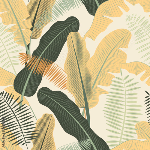 Vector botanical seamless pattern with palm leaves in light warm natural colors. Exotic background in modern simple boho style for textile, cards, scrapbooking, wrapping paper for kids and adults