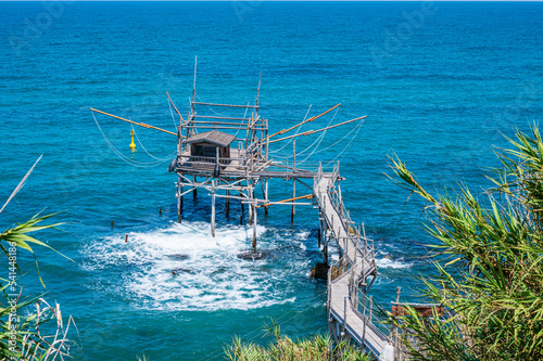 High angle view of the Trabocco Turchino with a clear blue sea