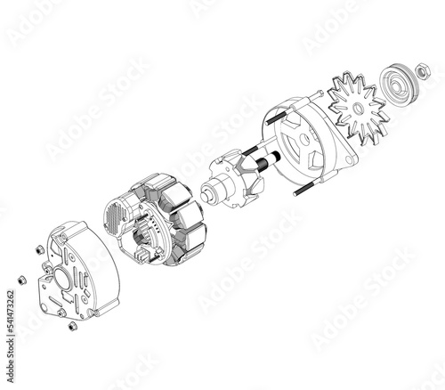 Car alternator exploded isometric view black and white, 3D rendering isolated on white
