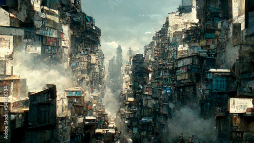 Concept art illustration of cyberpunk overpopulated city of the future