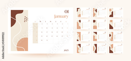 Monthly wall calendar 2023 template in trendy minimalist Style, cover concept, set of 12 pages desk calendar, 2023 minimal calendar planner design for printing template in beige