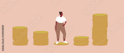 Graphic of coins and African woman, flat vector stock illustration as concept of unstable economy, poverty and vulnerability of black people