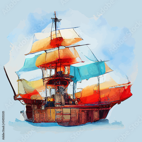 illustration vector graphic of pirate ship on watercolor style good for print on postcard, poster or t-shirt design