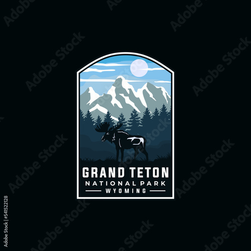 Grand teton national park vector template. Wyoming america landmark illustration in patch style.