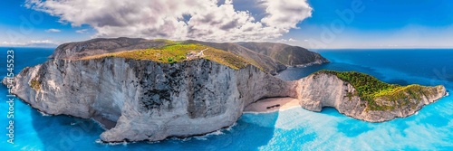 Panoramic view of the Navagio beach on a sunny day in Zakynthos island, Greece