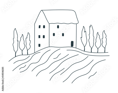 Drawing landscape of Tuscany. Field and house in one line. Rustic landscape in minimalist style. Trending vector illustration on white isolated background.