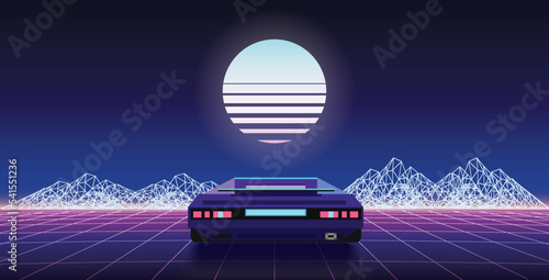 80s retrowave background, 3d vector illustration. Retro video racing game concept. Futuristic car drive through neon abstract cyberspace with perspective grid
