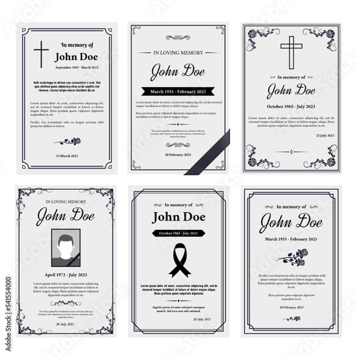 Condolence obituary card layout. In loving memory of, funerals invitation cover with black ribbon corner and grief sheet vector set