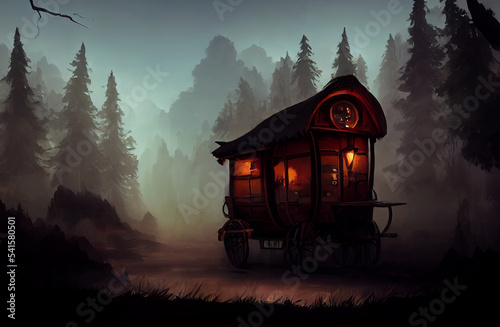 Digital Concept art of a Covered wagon in a Haunted Fantasy Forest
