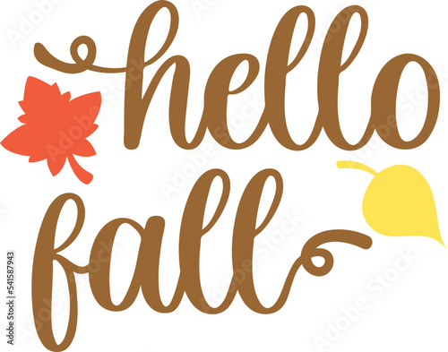 Hello Fall text design with autumn leaves.