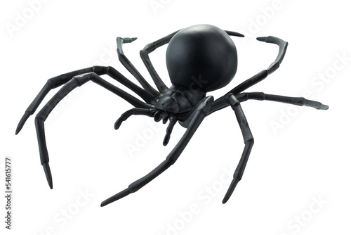 Fake rubber spider toy isolated over a white background. black spider toy isolated on a transparent background. Comic horror for Halloween.