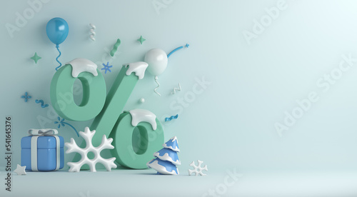 Winter sale decoration background with percent symbol, snowflakes, gift box, balloon, copy space text, 3D rendering illustration