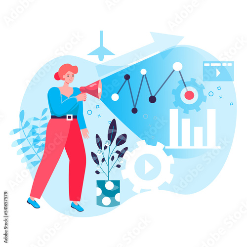 Digital marketing concept. Woman with megaphone attracts new customers, promotes business with success online strategy character scene. Illustration in flat design with people activities