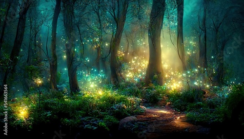 Magical fantasy fairy tale scenery, night in a forest