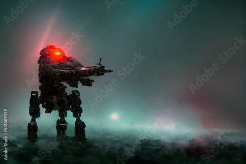 Background with copy space: fantasy night battle scene of a sci-fi mech robot in an attacking pose with a laser sight is attacking smth, Generative AI 