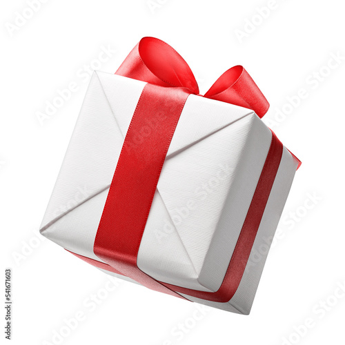 White gift box with red bow 