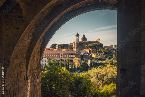 view of the old town of viterbo in italy at sunset time