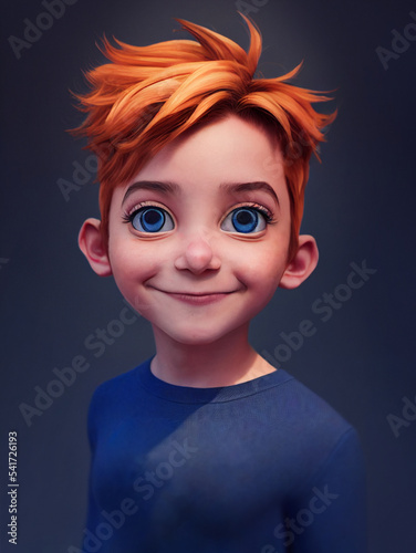 generic smiling red head and blue eyed boy cartoon portrait, digital painting in 3D cartoon movies style