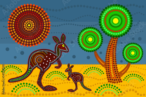 Landscape with kangaroo in decorative ethnic style.Australia aboriginal traditional culture art style of dot.Scenery with kangaroo,tree,sun,sky and sand.Aboriginal tribal art craft.Vector illustration