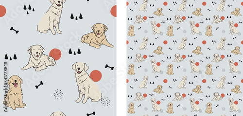 Seamless Golden retriever dog pattern, holiday texture. Square format, t-shirt, poster, packaging, textile, socks, textile, fabric, decoration, wrapping paper. Trendy hand-drawn dogs wallpaper.