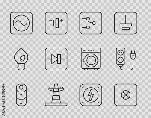 Set line Battery charge, Lamp in electronic circuit, Switch, Electric tower line, AC voltage source, Diode, Lightning bolt and extension icon. Vector