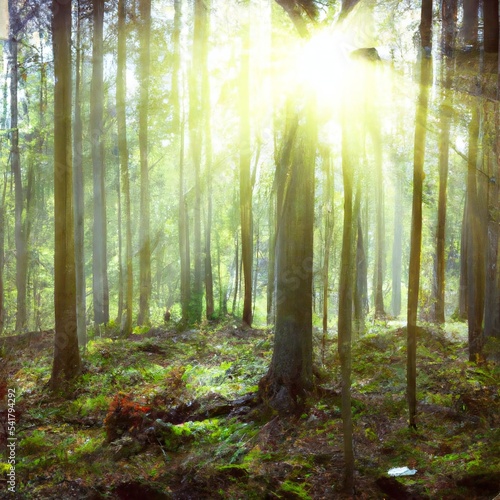 Rays of sunlight shining through the trees in a pine forest