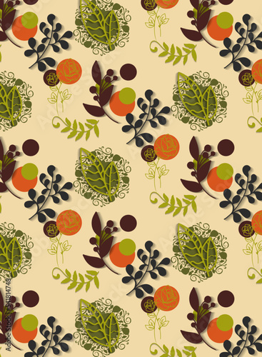 Seamless abstract pattern with flowers and plants on the beige background 