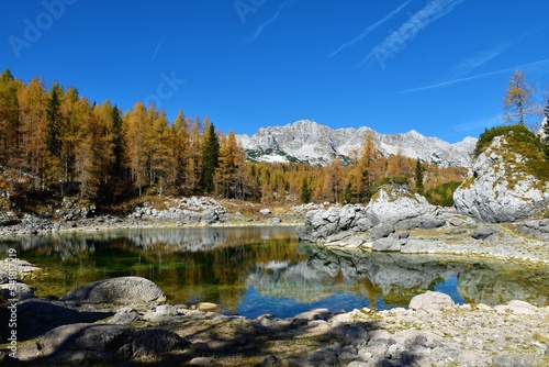Scenic view of the Doube lake at Triglav lakes valley valley in Julian alps, Gorenjska, Slovenia with autumn colored larch forest