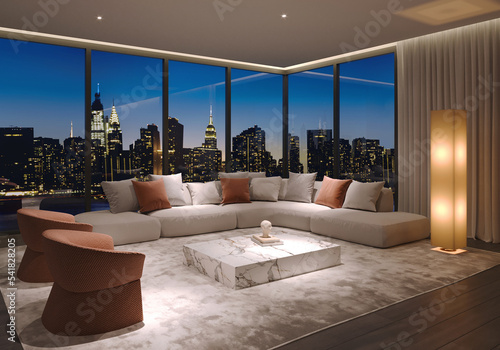Illustration of a contemporary luxury penthouse living room interior in New York city