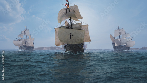 The NAO VICTORIA in front of Fernando Magellans Armada is the flagship of the spanish expedition to circumnavigate the Globe.