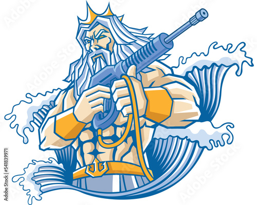 Poseidon holding a high pressure water gun