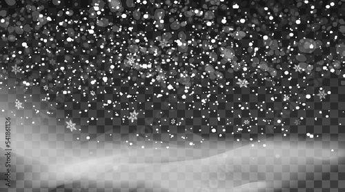 Falling snow on a transparent background. Snow clouds or shrouds. Fog, snowfall. Abstract snowflake background. Fall of snow. Vector illustrator 10 EPS.
