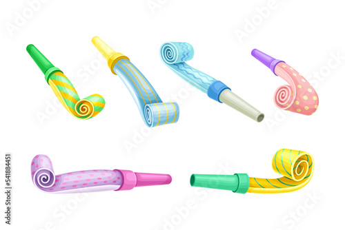 Party whistles set. Pipe blowers for festive event celebration cartoon vector illustration