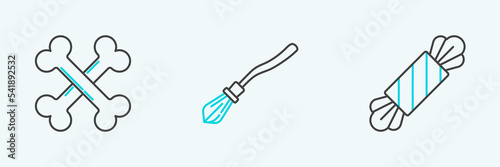 Set line Candy, Crossed bones and Witches broom icon. Vector