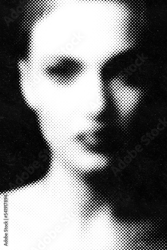 Style concept. Abstract beautiful woman face silhouette illustration made from grunge dots. Minimalistic and fine art halftone pattern. Visible model eyes, lips, nose and part of face hiding in shadow