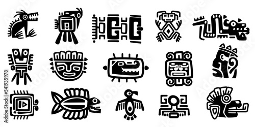 Mexican gods symbols. Abstract aztec animal bird totem idols, ancient inca maya civilization primitive traditional signs. Vector collection
