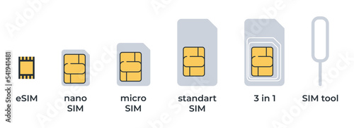 Set of different SIM cards. Simple icons of sim cards and sim tool isolated.