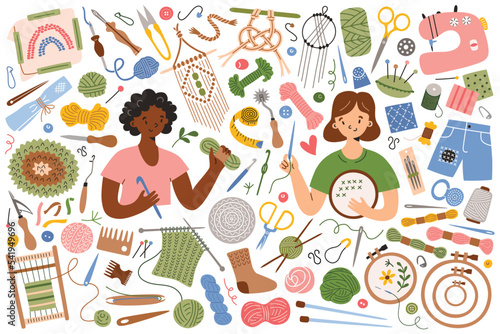 Women doing trendy needlework crafts, large set of knitting and sewing tools, icons of yarn, needles, crochet hook, handicraft accessories, set of handmade doodle items, isolated colored clipart on wh