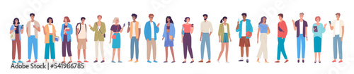 Young people group stand together and talk vector illustration. Colorful character design of modern people 