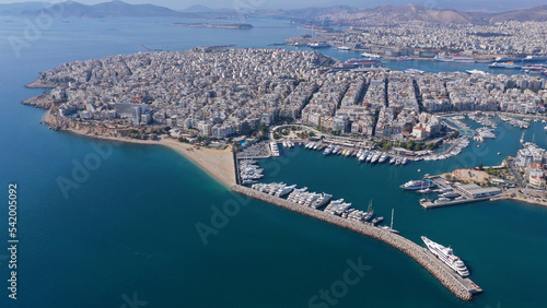 Aerial drone photo of beautiful round harbour and Marina of Zea or Passalimani in the heart of Piraeus as seen from high altitude, Attica, Greece
