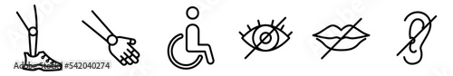 Conjunto de iconos de discapacidad. Prótesis, ceguera, sordo, mudo. Ilustración vectorial