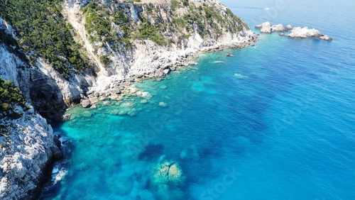 Drone shot of the sea cliff at Agia Eleni Rocky Beach in Kefalonia Island, Greece
