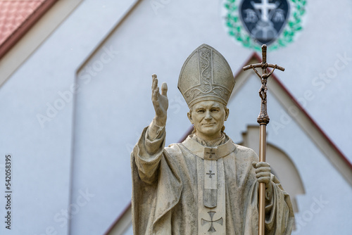 Monument to Pope Jan Pawel II near the Catholic Church on the street of Truskavets city, Ukraine. Pope John Paul II statue