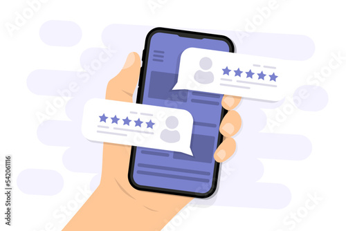 Hand holding phone with review rating. User reviews with good and bad rate on smartphone screen. Customer feedback review experience rating. Clients choosing satisfaction rating and leaving reviews