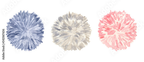 Realistic set of 3 Pom Poms. Blue, grey-beige and pink hairy balls pompons. Hand drawn watercolor illustration isolated on transparent.