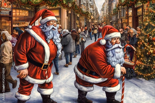 Two work-weary Santa Clauses stroll down a city center street during Christmas Day. One props himself up with a Christmas cane. Digital painting, artistic illustration