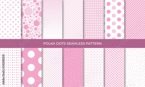 Set of seamless pink polka dot backgrounds. Seamless background in circle. Soft pink polka dot seamless pattern set. Baby background. Vector illustration